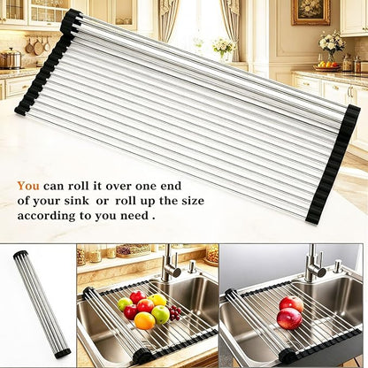 Ahyuan Roll up Dish Drying Rack Over The Sink Kitchen Roll up Sink Drying Rack Portable Dish Drainer Foldable Dish Drying Rack (Black, 20.5''X16.9'')
