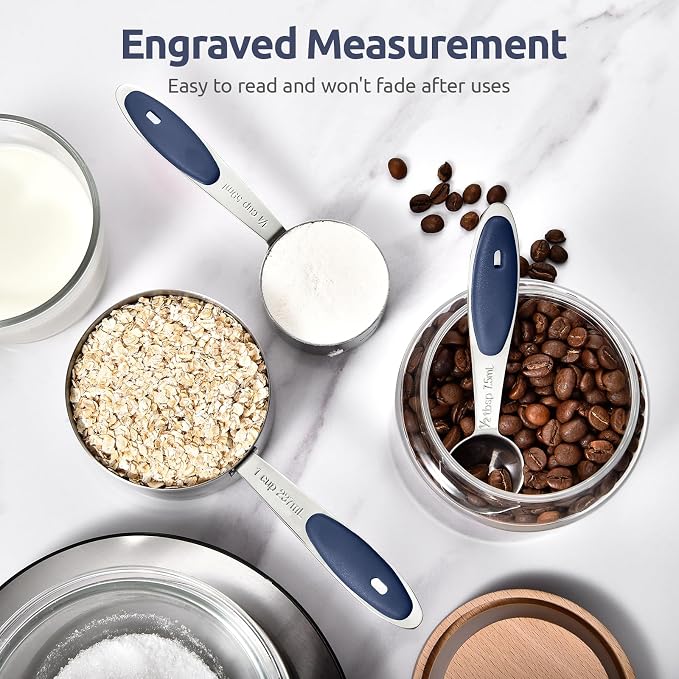 U-Taste Measuring Cups and Spoons: Food Grade 18/8 Stainless Steel Metal Measure Cups and Spoons Set of 10, Upgraded Thickness Handle (Midnight Blue)