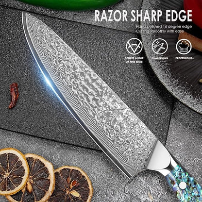 Home Safety Japanese Damascus Knife, Chef's Knife with Sharp 20cm Blade Made of 67 Layers of VG-10 Damascus Steel Kitchen Knife Damascus Carving Knife, Abalone Shell Handle, Gift Box
