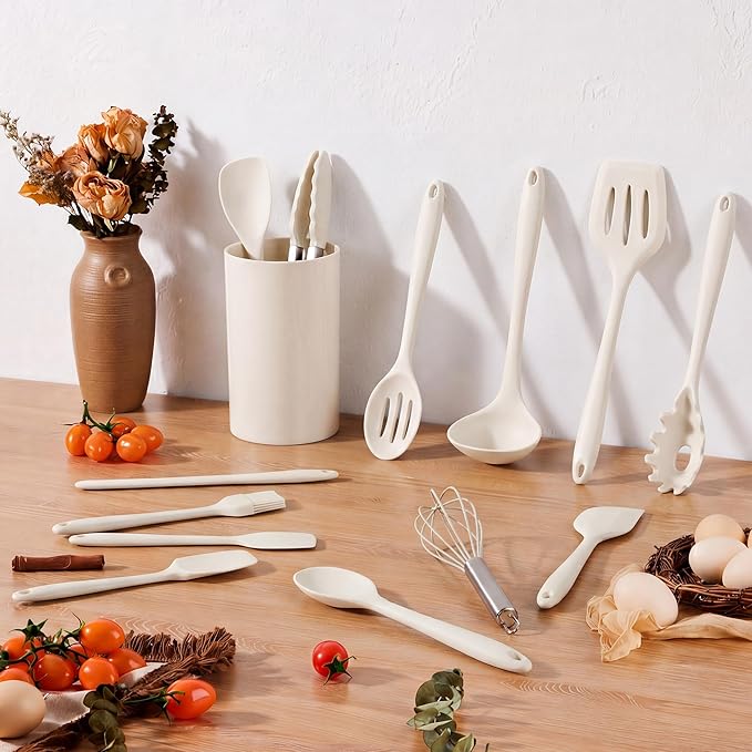 LIANYU 14 Pcs Kitchen Utensils Set with Holder, Silicone Cooking Utensils Spatula Set, Heat Resistant Cookware Tools Includes Spoon Turner Whisk Tong, Dishwasher safe, Cream White