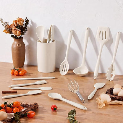 LIANYU 14 Pcs Kitchen Utensils Set with Holder, Silicone Cooking Utensils Spatula Set, Heat Resistant Cookware Tools Includes Spoon Turner Whisk Tong, Dishwasher safe, Cream White