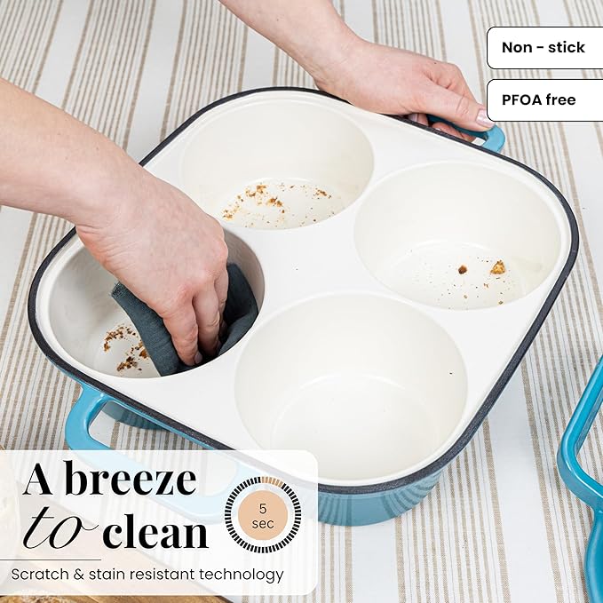 QuadPro Enamelled Cast Iron Bread Loaf Pot – Dutch Oven for Sourdough Bread Baking – 500°F Oven Safe Non Stick Bread Pot – 4 Round Loaf Spaces (4.90-inch Diameter), Light Blue – by Nuovva