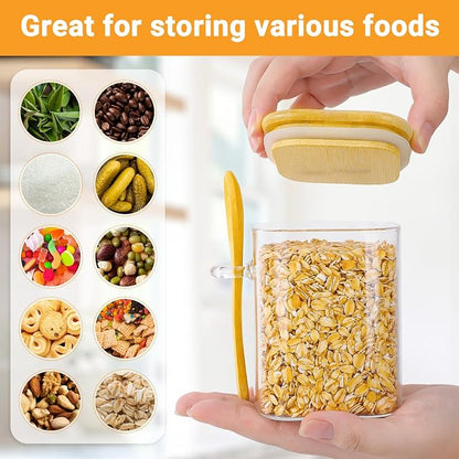 Glass Jars with Bamboo Lids and Spoons - 2 Pack 15 Fl.oz Square Glass Overnight Oat Jars with Airtight Lid, Clear Pantry Storage Container Food Canister for Spice, Loose Tea, Coffee, Sugar