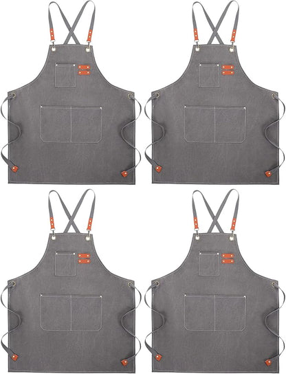 Toulite 4 Pack Canvas Chef Apron for Men with Adjustable Strap Cross Back Cotton Barber Apron with Pocket, 26 x 30''