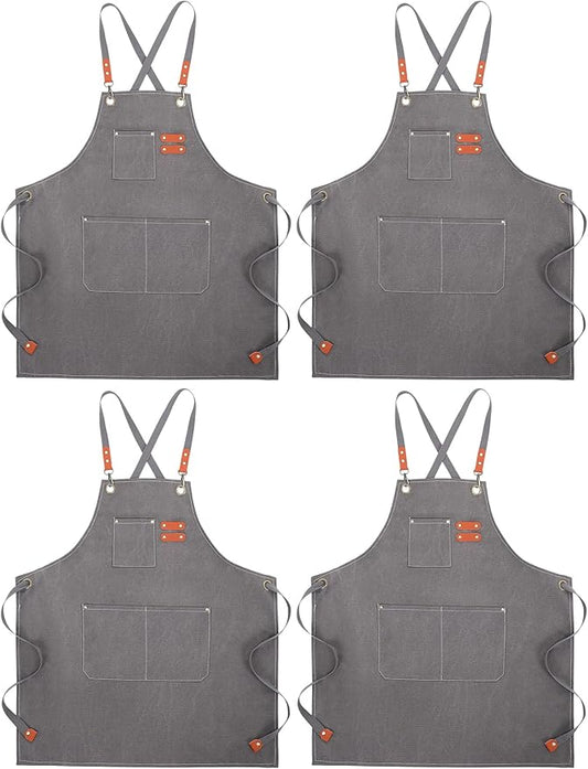 Toulite 4 Pack Canvas Chef Apron for Men with Adjustable Strap Cross Back Cotton Barber Apron with Pocket, 26 x 30''