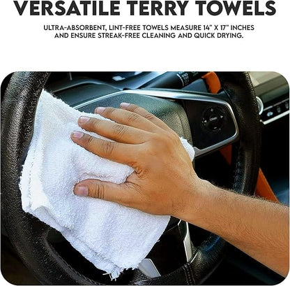 Terry Bar Mop Towels - 60 Pack (14"x17") White Cotton Terry Cloths, Super Absorbent Cleaning Rags, Reusable Bar Mop Towels for Kitchen, Garage, Salon, Spa & Commercial Use
