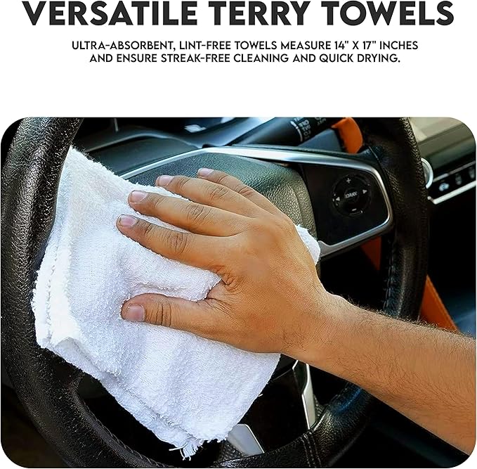 Terry Towels Pack of 120 (14" X 17" Inches) 100% Cotton Terry Barmop Towels - Absorbent & Durable Bar Rags, Multipurpose Cleaning Rags for Home, Automotive & Garage Cleaning Supplies (White)