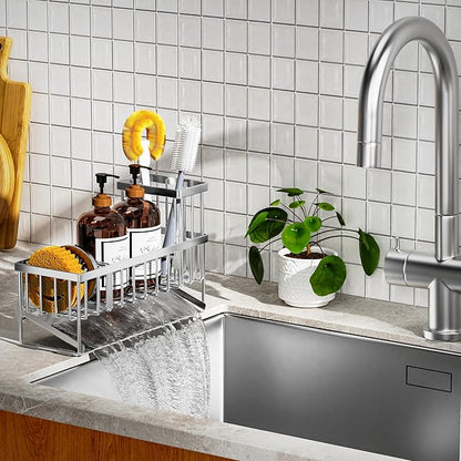 Cisily Extra Large Silver Kitchen Sink Caddy Organzier with High Brush Holder, Sponge Holder for Sink, 304 Rustproof Stainless, Kitchen Countertop Soap Dispenser Organizer For Decor and Accessories