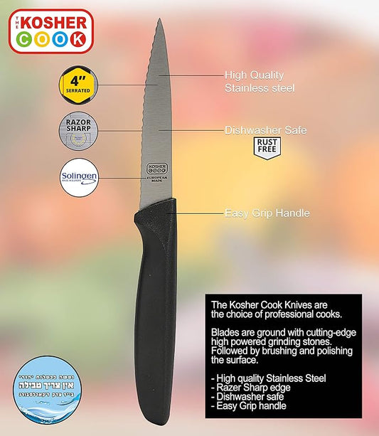 The Kosher Cook Black Kitchen Knife - 4” Steak and Vegetable Knife - Razor Sharp Pointed Tip, Serrated Edge - Color Coded Kitchen Tools