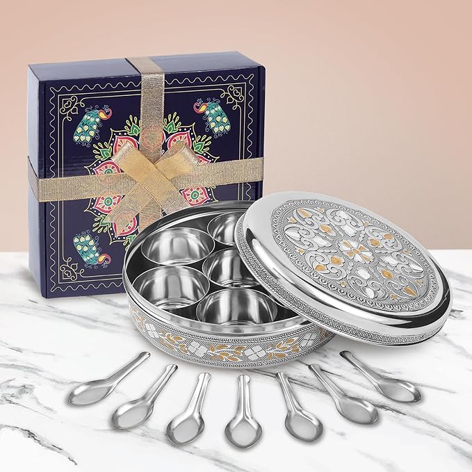 KSJONE Designer Spice Box, 7 Spice Jars, Holds 7 Spices, Steel Spice Container with 7 Spoons, Storage for Spices and dryfruits Indian Masala Dabba Gifts for Women, Mothers Day Gifts for Mom (8 Inch)