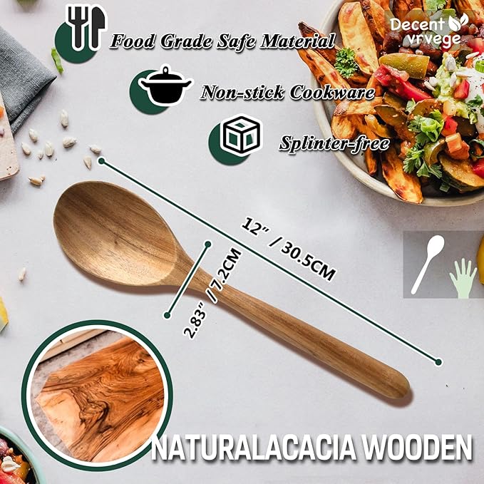 Wood Spoon, Healthy Acacia Wooden Cooking Spoons, Durable Kitchen Serving Spoon Scooper, Non Scratch Wood Ladle Tableware For Cooking, Serving Salad, Stirring Soup, Easy to use