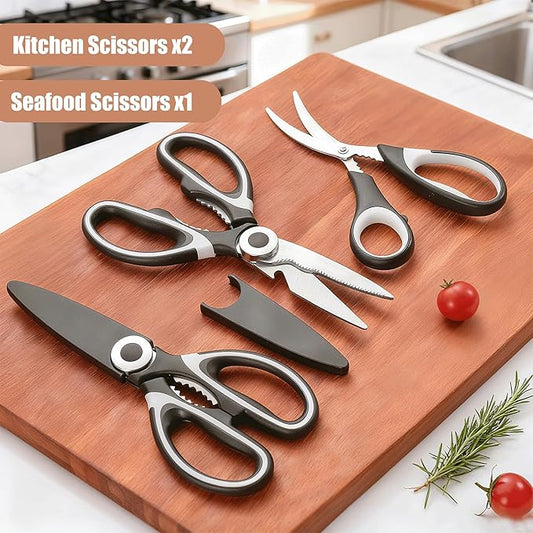 OMDAR 3 Pack Kitchen Scissors All Purpose 3 Pack - Heavy Duty Stainless Steel Cooking Shears for Cutting Meat, Food, Fish, Poultry Sharp Sissors for Dishwasher Safe - with Protective Sheath