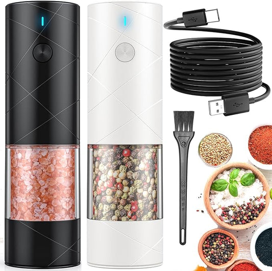 2Pack Electric Salt and Pepper Grinder Set USB Rechargeable with Warm LED Light, Adjustable Coarseness Lidaop Large Capacity Automatic Salt Pepper Mill Grinder for Kitchen, Black and White