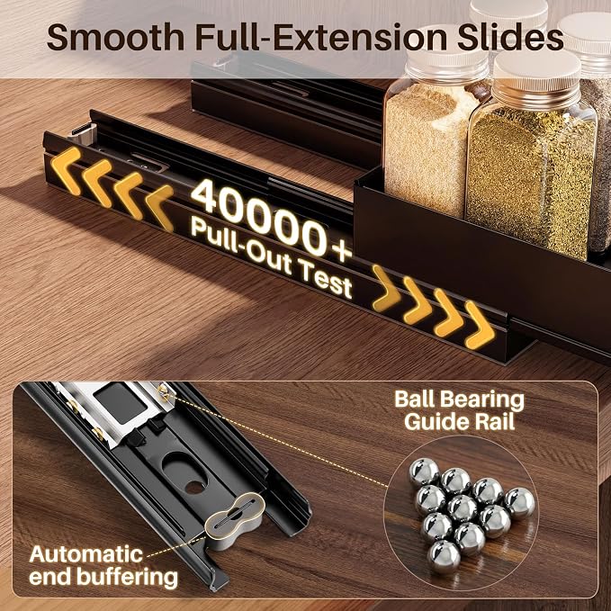SNTD Pull Out Spice Rack for Upper Cabinet - Expandable Organizer with Smooth Ball Bearing Slides, No Drill Mounting Spice Storage for Kitchen (1 Pack, 7.2" to 12.9" W X 10" D X 2.2" H)