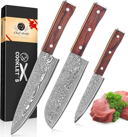 COOKLET'S Chef Knife Set, 3PCS Professional Japanese VG10 Damascus Steel Kitchen Knife Set Chefs Knife, Paring knife, Santoku Knives, G10 Handle, Super Sharp Cooking Knife Set for Home with Gift Box