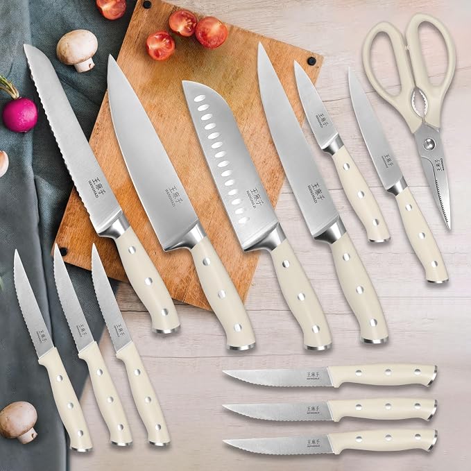 WANGMAZI Knife Set, 15 Pcs Knife Block Set with Built-in Sharpener, High Carbon Stainless Steel Kitchen Knives, Japanese Stainless Steel Knives, Home Essentials Perfect for Gifts, Natural Pro