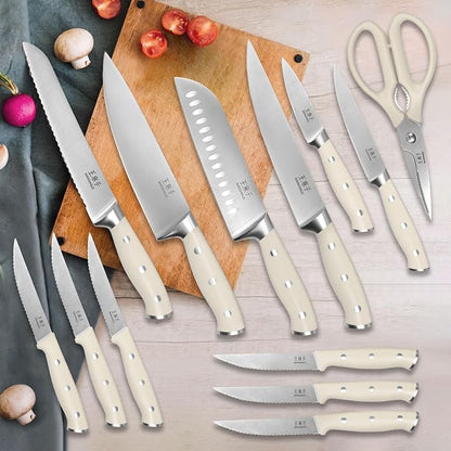 WANGMAZI Knife Set, 15 Pcs Knife Block Set with Built-in Sharpener, High Carbon Stainless Steel Kitchen Knives, Japanese Stainless Steel Knives, Home Essentials Perfect for Gifts, Natural Pro