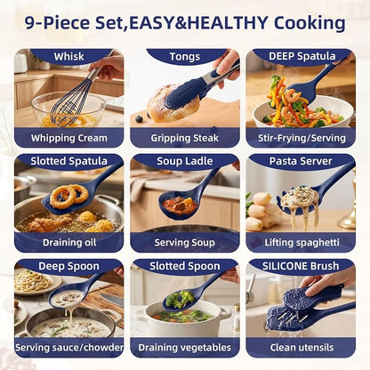Kitchen Utensils Set,9 PCS Silicone Cooking Utensils Set Spatula Set,Non Toxic Cooking Utensils,Tongs,Spoon,Whisk,Brush,BPA Free Kitchen Gadgets for Non-Stick Cookware,Home Essential(Blue-9P)