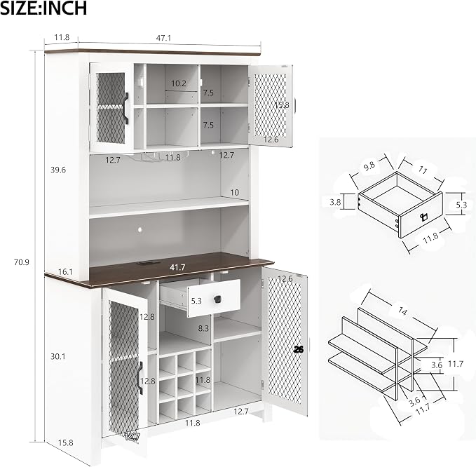 VilroCaz 70.9" Tall Farmhouse Kitchen Pantry Buffet Cabinet with Doors, Drawer and Shelves Wine Rack, Wooden Kitchen Hutch Cabinet with LED Outlets for Dining Room (White-R)