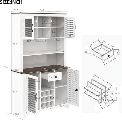 VilroCaz 70.9" Tall Farmhouse Kitchen Pantry Buffet Cabinet with Doors, Drawer and Shelves Wine Rack, Wooden Kitchen Hutch Cabinet with LED Outlets for Dining Room (White-R)