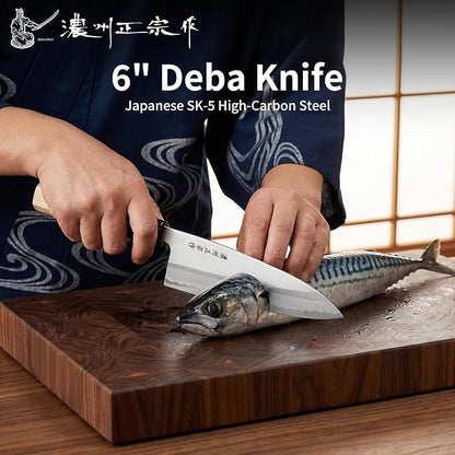 6 Inch Deba Knife, Made in Japan, Right-Handed Single Bevel SK-5 High Carbon Steel, Ultra Sharp 4.1mm Thick Fish Butcher Knife with Octagonal Handle for Fish & Poultry
