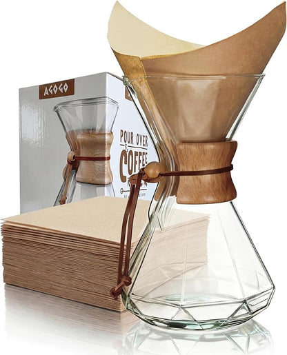 AGOGO Pour Over Coffee Maker Glass with 50pcs Paper Filters -for Home, Office, Camping, Cafes - Easy Clean Coffee Dripper Set (Soft Towel&Brush)(34oz Diamond Design w/Paper Filters)