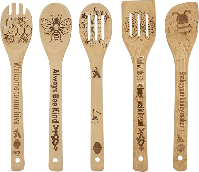 YUJU 5PCS Bee Wooden Cooking Spoons Set, Bee Themed Party Favor, Bamboo Cooking Utensil Spoons, Wedding Mom Gift Idea Decor