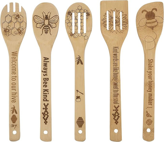 YUJU 5PCS Bee Wooden Cooking Spoons Set, Bee Themed Party Favor, Bamboo Cooking Utensil Spoons, Wedding Mom Gift Idea Decor