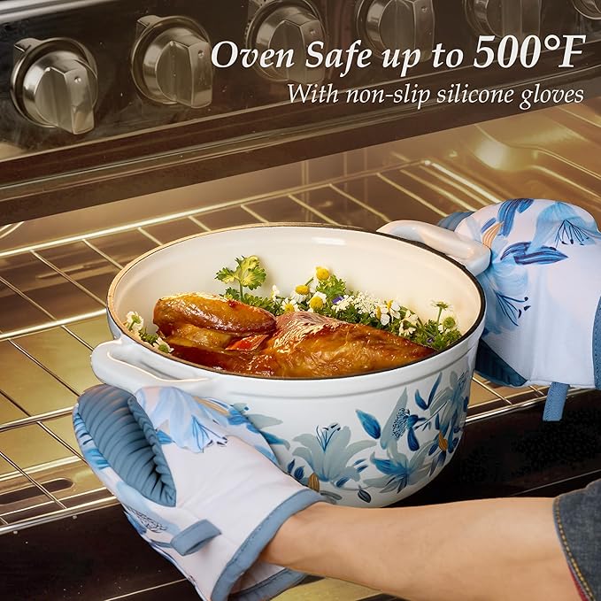 CAROTE 5 QT Cast Iron Dutch Oven Pot with Lid, Enameled Floral Dutch Ovens with Cotton Potholders & Oven Gloves, Gift Box, Cast Iron Pot for Sourdough Bread Baking, Braising, Stews, Roasting, Dual Handles, All Stovetop Compatible, Oven Safe up to 500° ...