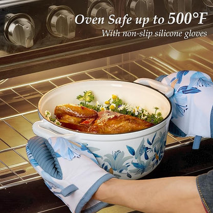 CAROTE 5 QT Cast Iron Dutch Oven Pot with Lid, Enameled Floral Dutch Ovens with Cotton Potholders & Oven Gloves, Gift Box, Cast Iron Pot for Sourdough Bread Baking, Braising, Stews, Roasting, Dual Handles, All Stovetop Compatible, Oven Safe up to 500° ...