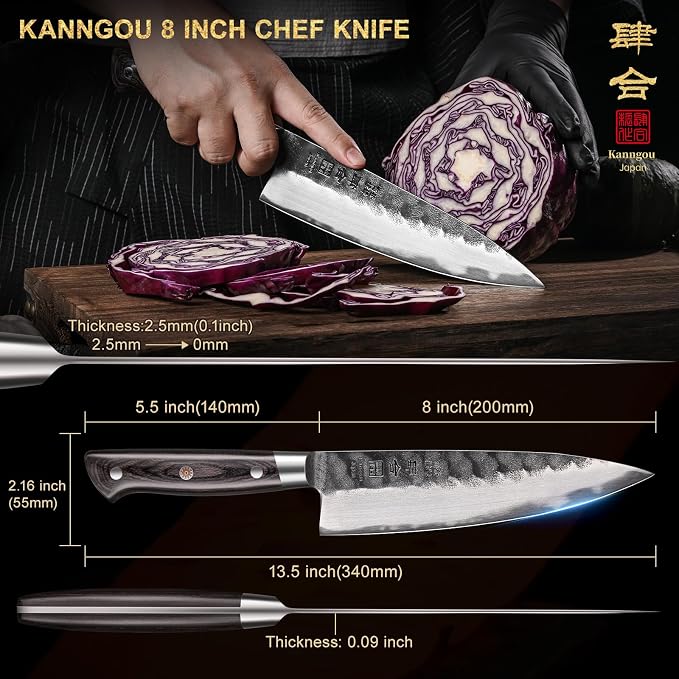 kanngou 8 Inch Chef Knife, Japanese Chefs Knife Black Forged Kitchen Knife with AUS-8 Alloy Steel and Full Tang Pakkawood Handle, Christmas Gift with Premium Box