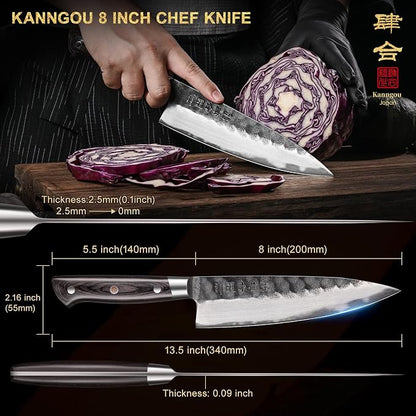 kanngou 8 Inch Chef Knife, Japanese Chefs Knife Black Forged Kitchen Knife with AUS-8 Alloy Steel and Full Tang Pakkawood Handle, Christmas Gift with Premium Box