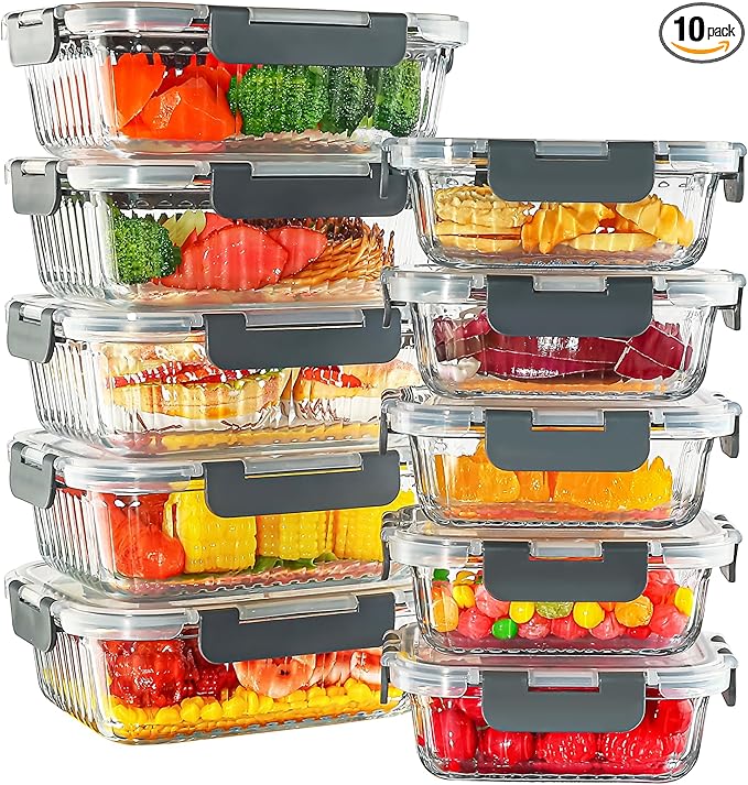 Meal Prep Containers Glass 10 Pack - Striped Food Storage Containers with Lids Airtight, 2 Sizes, Microwave Dishwasher Freezer Safe, Clear