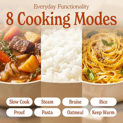 MAGNIFIQUE Slow Cooker, 4.5 Quart 8-in-1 Clay Pot Multi-Cooker, Non-Toxic Slow Cooker with Removable Clay Pot, for Rice, Pasta, Steam & Proof, Nonstick, Oven Safe Pot to 500°F, Oatmeal