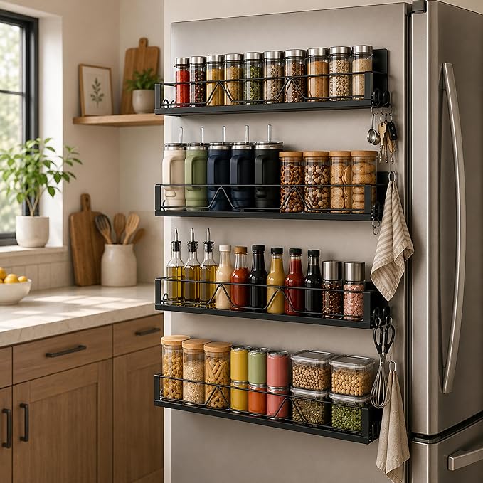 Magnetic Spice Rack for Refrigerator & Oven, 4 Pack XL Heavy Duty Magnetic Shelf for Fridge with Hooks, No Drill Rust Proof Shelves for Washer and Dryer, Sleek fridge magnet organizer