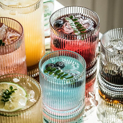 KEMORELA Ribbed Glass Cups Set, 13oz Vintage Drinking Glassware Set of 4, Premium Glassware, Elegant Mixed Glassware Set, Origami Style Cocktail Glasses, Great for Cocktail, Whisky & Beverages