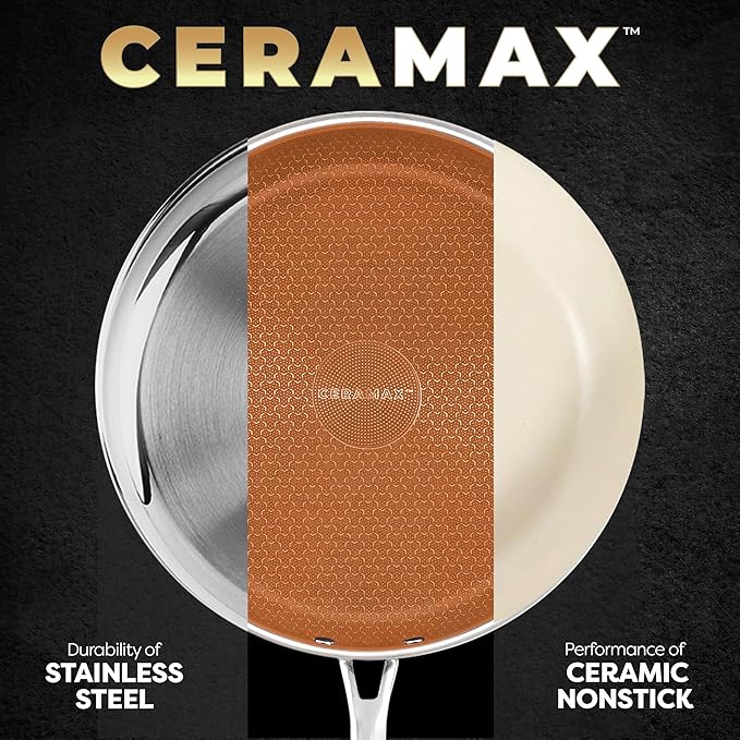 Gotham Steel Ceramax 12 Pcs Tri Ply Hybrid Stainless Steel Cookware Set, Ceramic Pots and Pans Set Non Stick with Induction Cookware, Made Without PTFE PFOA, Metal Utensil, Oven and Dishwasher Safe