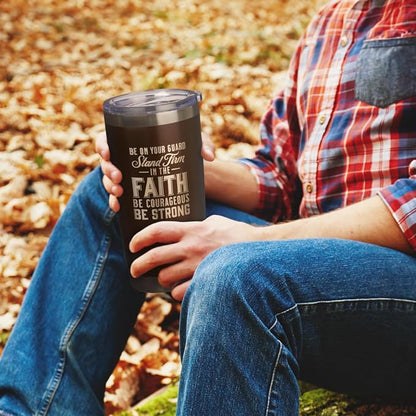 Christian Art Gifts Stainless Steel Double Wall Vacuum Insulated Tumbler 18 oz Brown Travel Mug with Retractable Lid for Women & Men Inspirational Bible Verse - Stand Firm -1 Corinthians 16:13