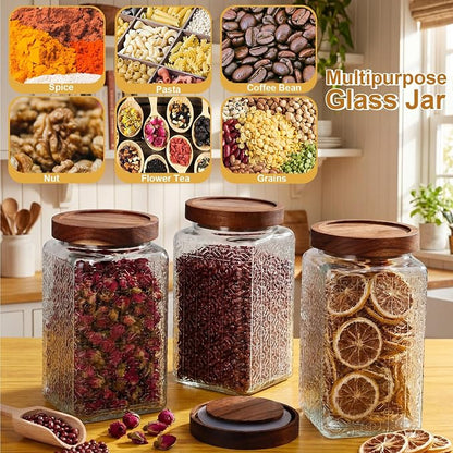 Domensi 6 Pack Vintage Glass Jars with Lids Airtight Food Storage Containers 34 oz Acacia Wood Mason Jar Lids Airtight Pantry Containers for Kitchen Countertop Tea Coffee Spices and Snacks