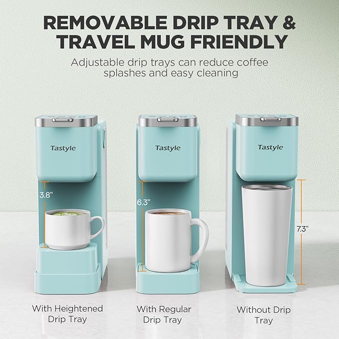 Tastyle 330MF Single Serve Coffee Maker with Built-in Detachable Milk Frother, Iced and Hot Coffee Machine for K Cup & Grounds, 40oz Removable Water Reservoir, 6 Cup Sizes, Fits 7.3" Travel Mug, Teal