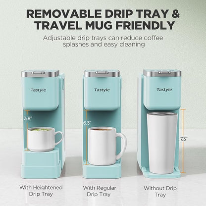 Tastyle 330MF Single Serve Coffee Maker with Built-in Detachable Milk Frother, Iced and Hot Coffee Machine for K Cup & Grounds, 40oz Removable Water Reservoir, 6 Cup Sizes, Fits 7.3" Travel Mug, Teal