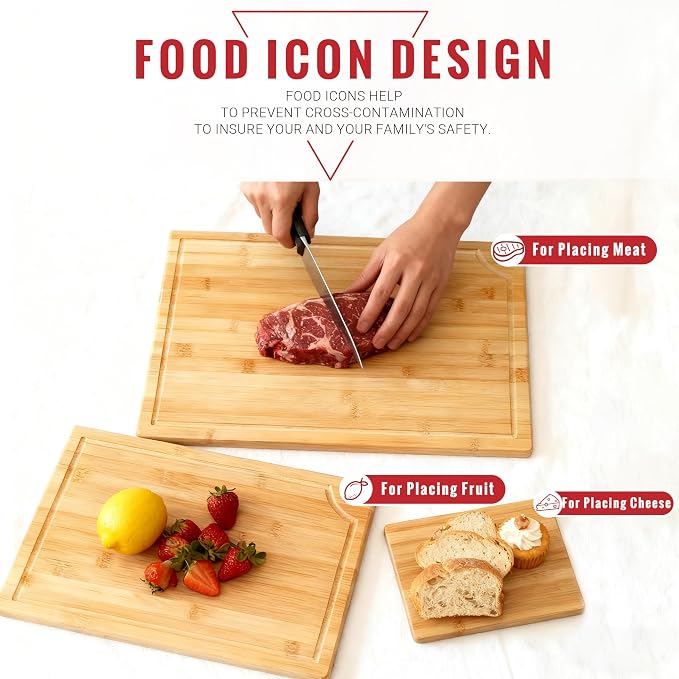 Large Bamboo Cutting Board 3 Piece Set with Juice Groove & Handle - Non Toxic Wood Charcuterie Board & Butcher Block for Meat, Veggies Fruit & Cheese - Kitchen Gift Set by Homish