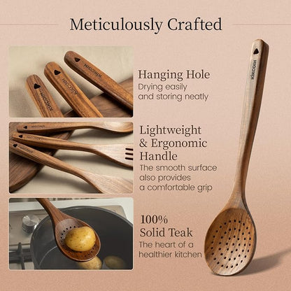 Kikcoin 7 PCS Durable Natural Teak Wooden Cooking Utensils Set, Non Toxic Wooden Spoons for Cooking, Wooden Utensil Set for Cooking with Comfort Grip, Nonstick & Easy to Clean Wood Kitchen Utensil Set