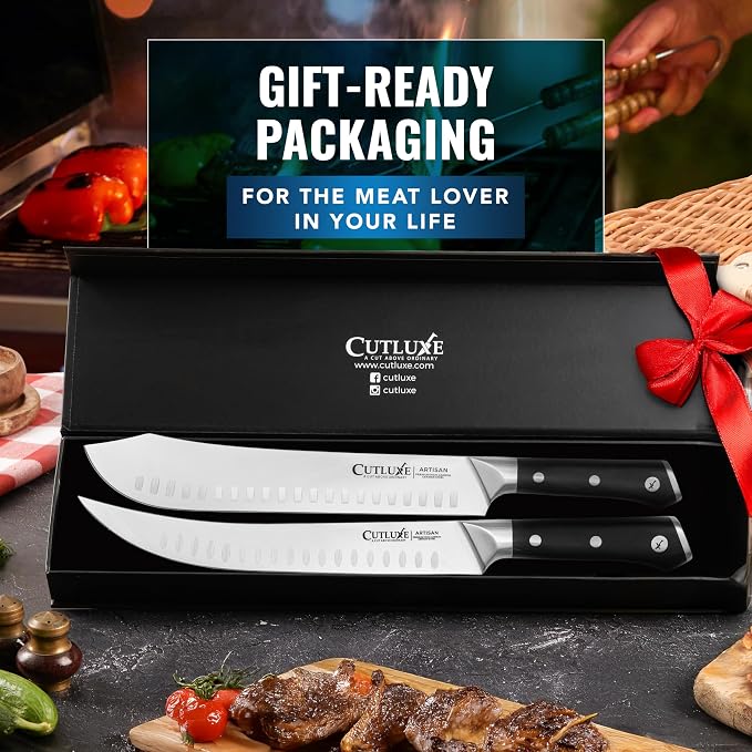 Cutluxe Butcher Knife Set – Cimeter Breaking & Bullnose Carving Knives for Meat Cutting – Professional Knife Set, Razor Sharp German Steel,Full Tang, Ergonomic, Butcher Knives for BBQ – Artisan Series