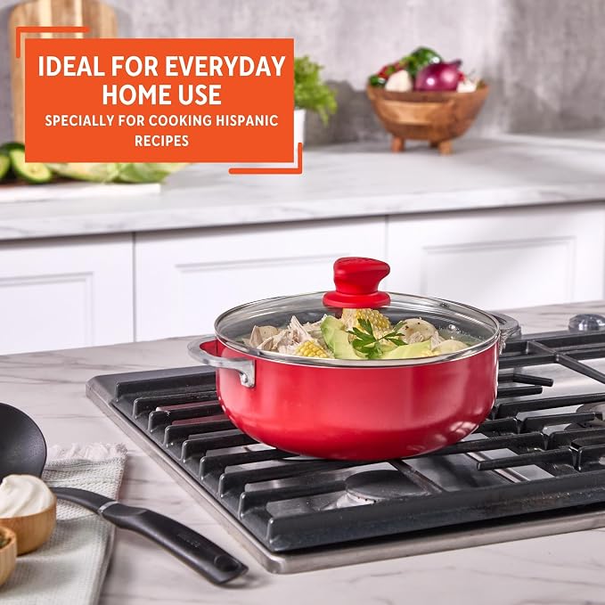 IMUSA 3.2 Qt Red Aluminum Dutch Oven with Black Ceramic Nonstick, Glass Lid & Riveted Handles – Oven Safe Caldero for Everyday Cooking