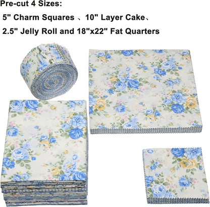 Nodsaw Blue Floral Jelly Roll Fabric Strips, 2.5" x 44" 42 Pcs Soft Cotton Pre-Cut Quilting Fabric Strips for Rug, Blanket, Quilt, Table Runner, and DIY Sewing Craft Projects, Sunshine Blooms