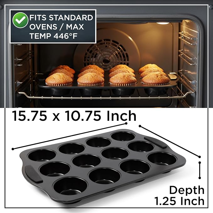 Wrenbury Muffin Pan 12 Cup Non-Stick – Deep Yorkshire Pudding Tin | PTFE & PFOA Free Carbon Steel, Warp Resistant Baking Tray for Evenly Baked Cupcakes