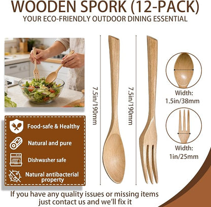 Wood Soup Spoons And Forks 6 Sets Natural Wood Eating Utensils Wooden Flatware Set, 7.5Inch Eco Friendly Wood Cutlery Wooden Dinner 6 Spoons and 6 Forks