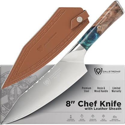 Dalstrong Chef Knife - 8 inch - Valhalla Series - Premium 9CR18MOV HC Steel - Celestial Resin & Wood Handle - Razor Sharp - Kitchen Cooking Chef's Knife - Leather Sheath