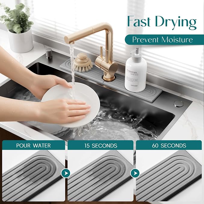 eormoe Faucet Mat for Kitchen Sink - Diatomaceous Earth Faucet Splash Guard, Fast Drying Sink Protector - Water Absorbing Stone for Bathroom Sink (Grey, 20'' x 3.9'')